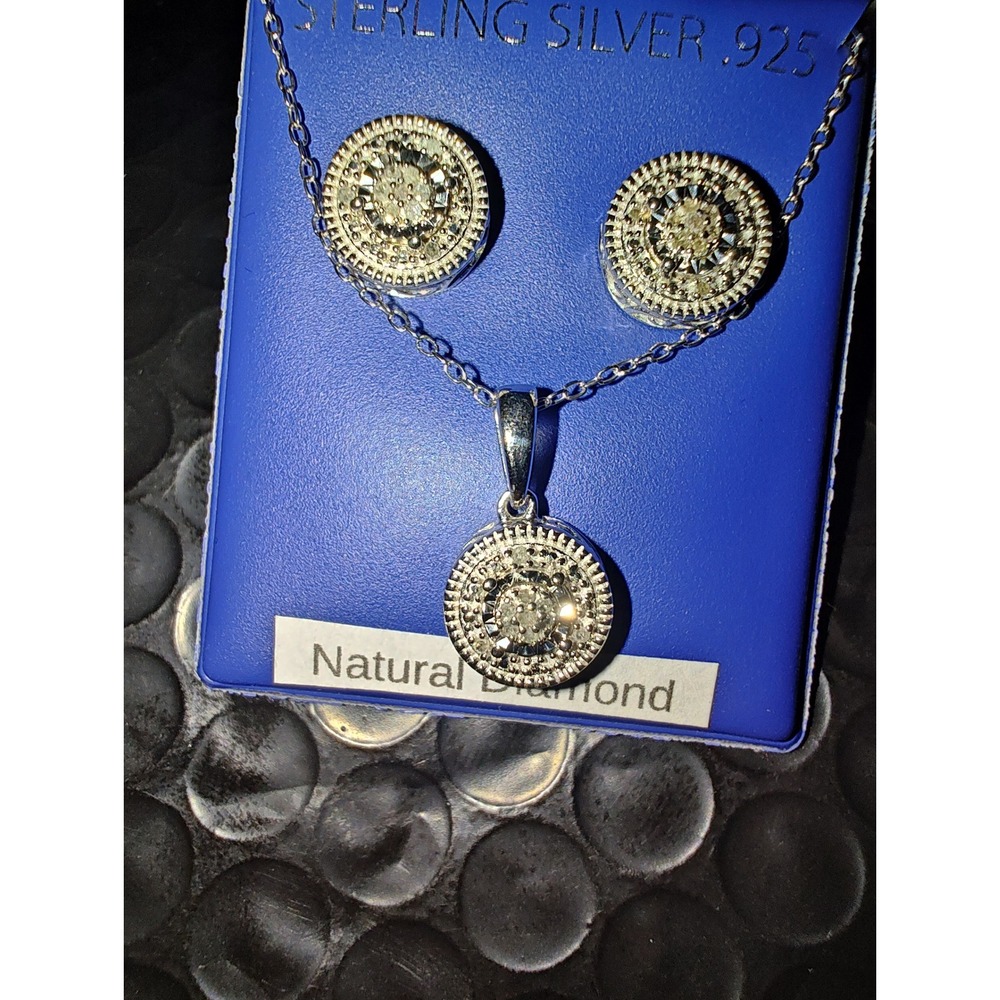 Jewelry Set Sterling Silver 925 Natural Diamond 0.10 CTTW Halo Necklace Earrings